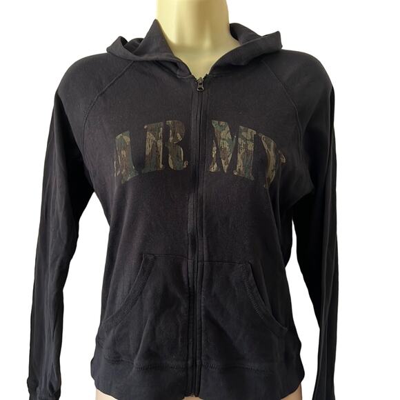 Soffe Black Knit Lightweight Hoodie Jacket with Camouflage Army Lettering Medium - Picture 1 of 9